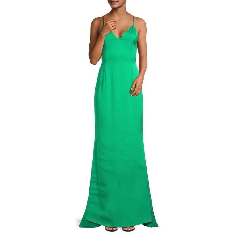 Liv Foster Green Satin Maxi Gown Bias Cut Open Tie Back Wedding Guest Size 4
